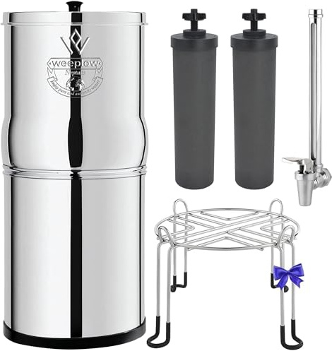 Weeplow® Neptune - Système de Filtration d'Eau par Gravité 11 Litres AISI 304 avec 2 Eléments de Purification O'Pure 2, Robinet avec Niveau d'Eau et Support Inox Offert