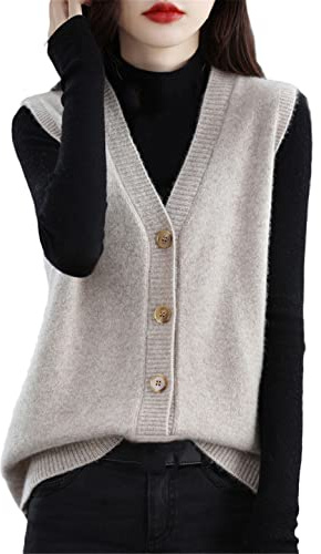 Ownwfeat Gilet in Maglia Cardigan Senza Maniche con Bottoni in Lana con Scollo A V da Donna