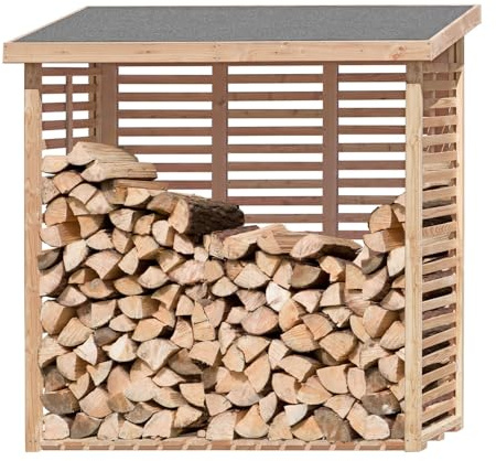 Mega Holz Kaminholzregal Kamo L mit Rückwand und Wetterschutz für Außen, Kaminholzregal Brennholzlager, Stapelhilfe für Brennholz