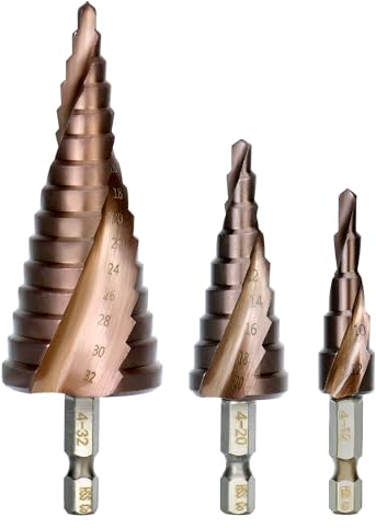 QWORK® 3er Set HSS M35 Kobalt Stufenbohrer, Hochleistungs Bohrer 4-12mm/4-20mm/4-32mm für Edelstahl/Eisen/Aluminium/Kunststoff/Holz - 6mm Sechskantschaft