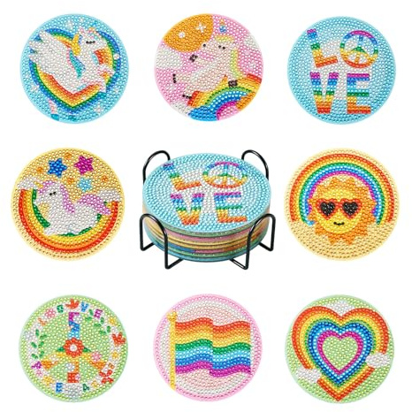 Boutigem 8Pcs Rainbow Theme Diamond Painting Coaster Set Word Love Heart Unicorn Pattern Diamond Cup Mat With Holder for Office Table Home Decor