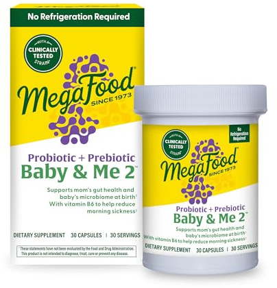 MegaFood Baby & Me 2 Prenatal Probiotic, Vegetarian Pregnancy Prebiotics and Probiotics for Women, Digestive Health & Immune Support with Vitamin B6 for Morning Sickness Relief, 30 Capsules