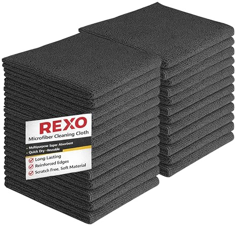 REXO - Microfibre Cloth 30x30cm Pack Of 25 Lint Free And Streak Free Cleaning Cloths Wipes For Home Furniture Polish, Kitchen, Car Cleaning, Bathroom, Window, Glass, Mirror And More (Black)