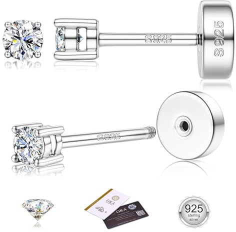 Moissanit Ohrringe, 925 Sterling Silber Ohrstecker, 2-5MM 14K vergoldete Ohrstecker, VVS1 D Farbe simulierte Diamanten, flache Rückseite, hypoallergenes Schmuck Geschenk, Silber, 2 mm (0,03 ct)