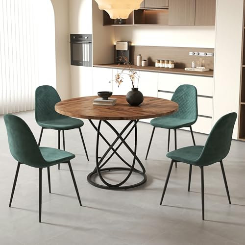 GOLDFAN Esszimmer-Set mit Rundem Tisch 120 cm und 4 Stühlen aus Bequemen Stoffen, Großer Tisch 120 cm, Rund, mit Stuhl für 4-6 Personen (Grün)