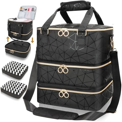 Large Nail Polish Organizer Bag Holds 84 Bottles (15ml/0.5fl.oz)& Nail Lamp Nail Polish Carrying Case Nail Kit Storage Large Travel Nail Supplies Shoulder Bag for Manicure Tools (Black)