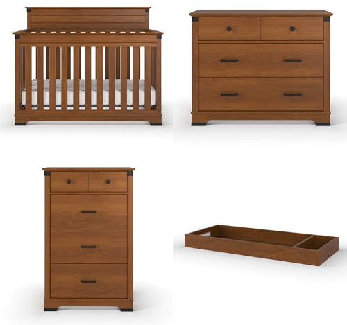 Child Craft Redmond Design 4-in-1 Convertible Baby Crib Nursery Furniture Set - Baby Bed, Dresser, Changing Table Topper and Chest Drawer for Babies, Toddlers and Kids (4 Piece - Coach Cherry)