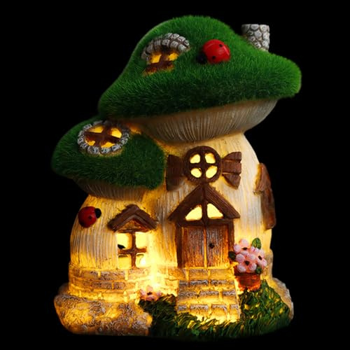Fabixoin Solar Powered Fairy Houses, Garden Ornaments Outdoors, Fairy Mushrooms House With Solar-Powered Lights, Waterproof Resin Ornaments, Garden Decorations, Indoor Outdoor