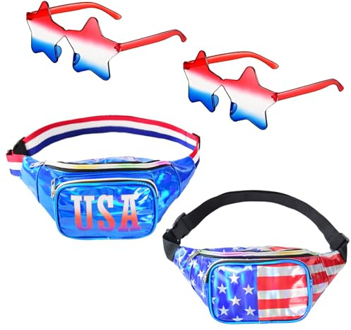 2 Set 4th of July USA Flag Fanny Pack, Patriotic Belt Waist Bag Glasses Set | 4pcs 4th of July American Flag Fanny Pack, Patriotic Waist Bag & Star Sunglasses USA Themed Accessories Independence Day