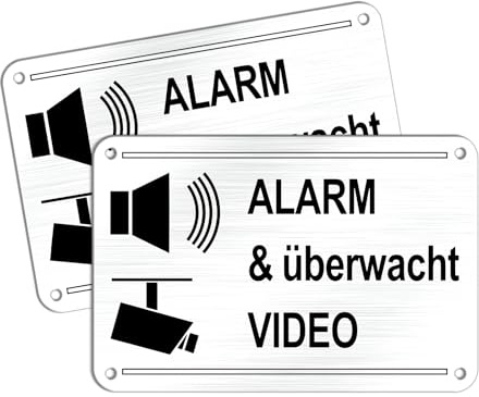 Goodvia Cartel de esta casa con alarma asegurada y vigilada por vídeo, 15 cm, aluminio cepillado, resistente al agua, inoxidable y con protección UV, 2 unidades