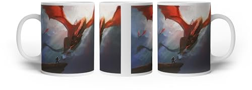 deyoli Taza con diseño de guerrero frente a un dragón gigante, listo para la batalla, 300 ml, de cerámica blanca/taza de café/idea de regalo