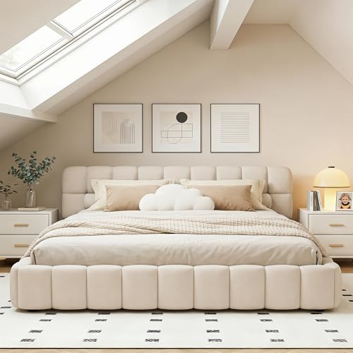 BEIJIALY Polsterbett 140 x 200 cm, Jugendbett, Bubble Bett, Doppelbett mit weicher Rückenlehne, Flachbett mit gepolstertem Rand, lattenrost, Leinen(Beige)