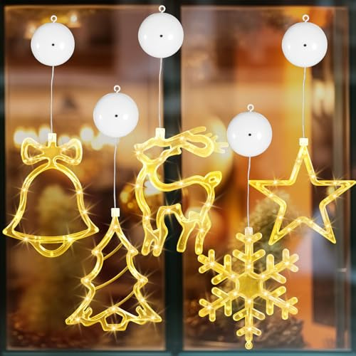 NCKIHRKK 5 Pièces Guirlande Lumineuse Fenêtre Noël, 10 LED Lumières de Ventouse, Rideau Lumineux LED Blanc Chaud à Piles, Guirlande Lumineuse Décoration Étoile Fenetre pour Intérieur de Noël, Fête