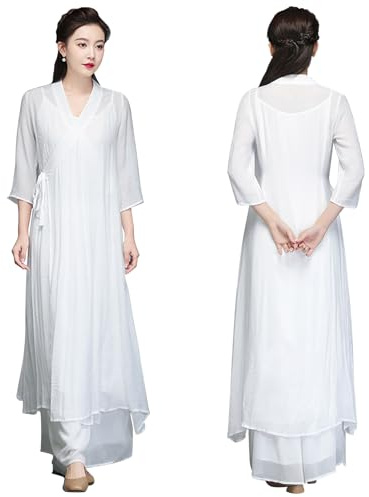 Tenue de Tai Chi pour Femme, Tenue D'arts Martiaux, Robe D'été de Style Chinois, Costume Bouddhiste Zen, Ensemble 3 pièces (Haut, Pantalon et Bretelles) (White, L)