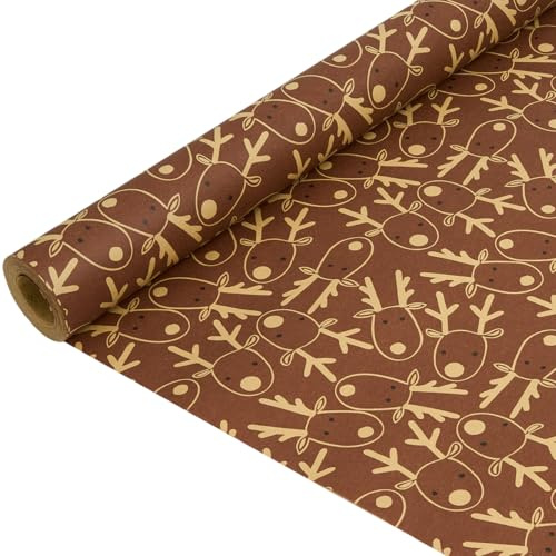 Kraftpapierrolle: Braunes, recycelbares Weihnachtspapier mit Rentierkopf-Motiv für Weihnachten, Geburtstag und Thanksgiving – 43 cm x 15 m