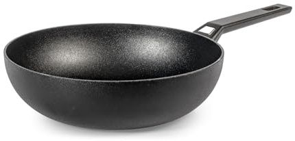 H&H Wok Titan in Alluminio con Rivestimento Antiaderente Pfluon, 28 cm, Colore Nero, Adatto a Tutti i Piani Cottura - Incluso Induzione e Vetroceramica, PFOA Free