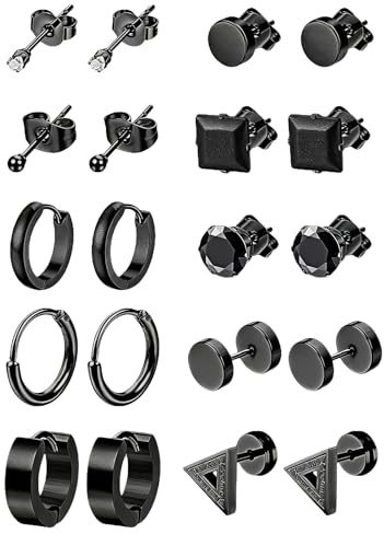 PLUSHCEWT 10 Pairs Black Earrings for Men & Women, Stainless Steel, Mens Earring Studs & Hoops Set, Funny Earrings for Boys Girls, Ear Studs Ears Plugs