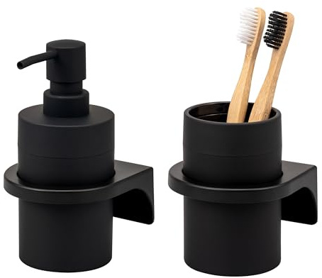 bremermann Badezimmer-Set Savona mit Soft-Touch Oberfläche inkl. Wandhalterung zum Kleben oder Bohren, rundes Bad-Accessoires Set 2tlg. aus 1x Seifenspender und 1x Becher aus Kunststoff (Schwarz)