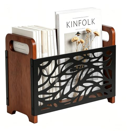 EUBSWA Revistero de madera, revistero de revistas, soporte para revistas con asa, cesta de almacenamiento multifuncional para oficina en casa, 33 x 24 x 13 cm (negro/hojas)