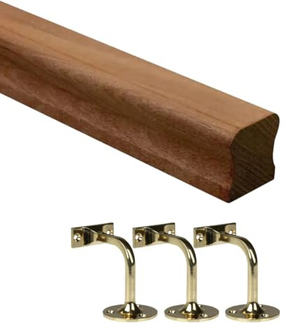 Dark Hardwood HR Handrail Kit with Brass Wall Brackets – Stair Handrail Support Rail for Stairs & Hallways (Multiple Sizes) (2400mm + x 3 Wall Brackets)