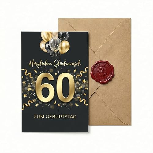 Sinnblatt Geburtstagskarte 60 mit Umschlag für edle Jubiläum Party, Elegante Geschenke zum 60. Geburtstag für Männer & Frauen, Schwarz Gold Luftballons Motiv Glückwunschkarte als Geschenk (12x18cm)
