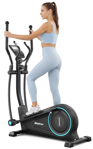 THERUN Bicicleta Elíptica para Casa Silenciosa, Resistencia Magnética de 16 Niveles, Soporta hasta 120 kg, Monitor LCD, Máquina de Cardio para Entrenamiento de Cuerpo Completo (Azul)