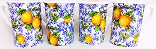 fromeuropewithlove Italian Lemons Mugs Set 4 Fine Bone China Mugs Lemon Italian Style Hand Decorated in the U.K.