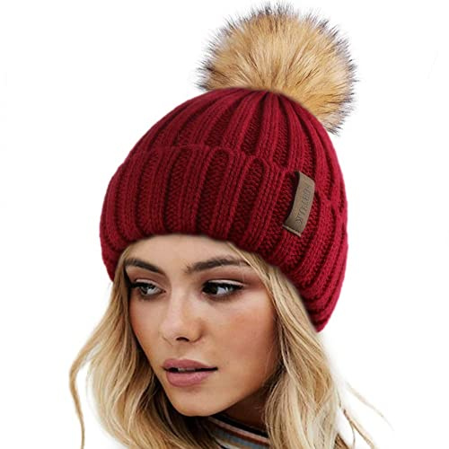 FURTALK Winter Hats for Women Double Layer Fleece Line Beanie Hat with Bobble Pom Pom Hats