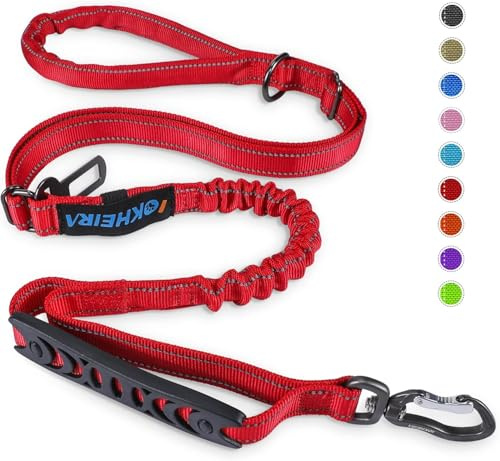 Iokheira Guinzaglio per cani, guinzaglio regolabile (1,2-1,8 m) con cintura di sicurezza per cani, comodo manico imbottito e fili riflettenti (rosso)