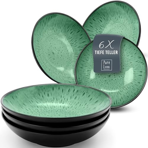 Juego de 6 Platos Hondos de Gres Serie Ibiza - Elegantes Platos para Pasta y Sopa - Vajilla Completa Moderna para 6 Personas - Platos Llanos Estilosos - Pure Living en verde salvia