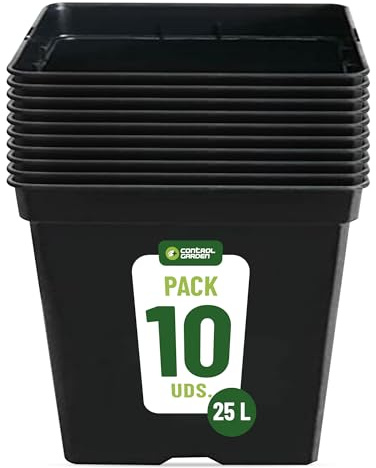GROWMANIA Pack 10 Macetas Cuadradas para Plantas Negra 25L - Diez Maceteros de Plástico para Flores 33x33x35 cm - Base 25x25