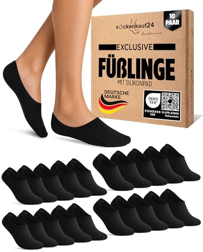 10 Paar Füßlinge Damen Sneaker Socken Herren Schwarz 39-42 Unsichtbar Atmungsaktiv Baumwolle mit Silikonpad