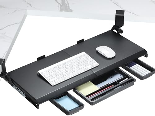 ETHU Vassoio per tastiera sotto la scrivania con morsetto a C, 68 x 30 cm, ripiano nero per tastiera per scrivanie angolari con chiusura scorrevole e installazione senza attrezzi