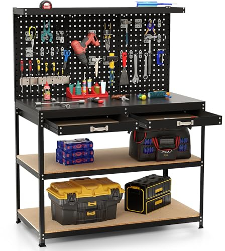 COSTWAY 121x61x156cm Workbench with Pegboard, Metal Garage Work Bench with 2 Drawers & 24 Hanging Accessories, 435kg Capacity Heavy Duty Tool Storage Workstation for Workshop Warehouse (Black)