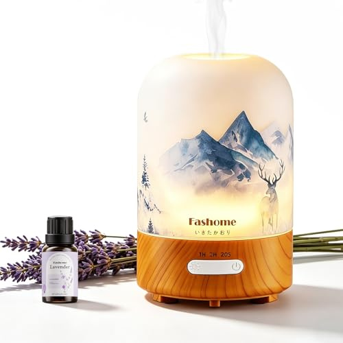 Fashome Aroma Diffuser 100ml Glas handgefertigt, Winter-Design Rentier, Inkl. 10ml Lavendel-Öl, Ultraschall Diffusor für ätherische Öle, Leise Luftbefeuchter Warmlicht & Abschaltautomatik, Geschenk