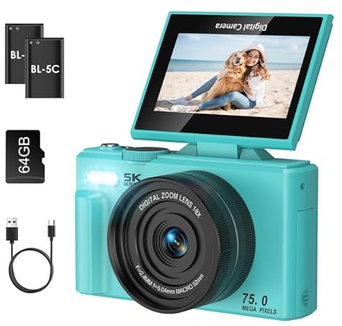 SOPPY 5K Digitalkamera Fotokamera 75MP Vlogging Kamera 3,0 Zoll 180°Flip-Screen Kompaktkamera mit 64GB Speicherkarte, 18X Digitalzoom, Mini Digitalkamera für Jungen Mädchen Anfänger, Blau