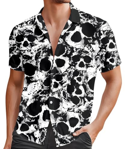 RUMAOZIA Camisa de manga corta para hombre, para vacaciones, para el tiempo libre, verano, manga corta, con estampado de calavera, estampado de calavera, camisa hawaiana, multicolor, arco iris, camisa