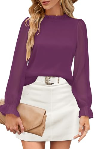 Odosalii Camicetta da donna con scollo a V, con ruches, colletto alla coreana, elegante, con volant, a maniche lunghe, casual, camicie, magliette, top, Lilla, S