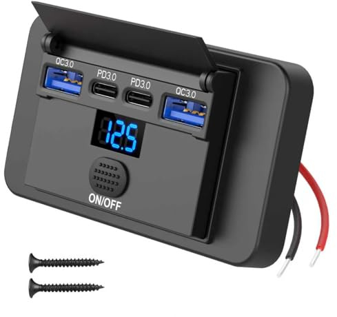84W 4 portar 12V USB-uttag för ytmontering med voltmeter, 36W PD och dubbla 18W QC 3.0 – Lättviktspanel för byte av USB-uttag i bilen med knappbrytare för bussar, husbilar, lastbilar