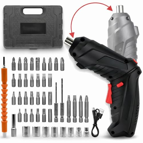 48PC Electric Screwdriver Set 3.6V Cordless Screwdriver, Mini Electric Screwdriver with 1500mAh Battery, LED Light, 2-Position Handle, Drill Set with Bits & Sockets for DIY Home Repair