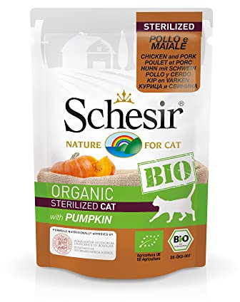 Schesir Cat Bio Stérilisé Poulet et Cochon avec Citrouille Aliments pour Chats stérilisés 16 sachets x 85 g