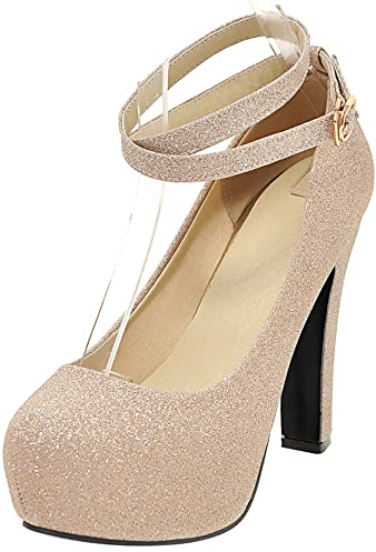 Décolleté con Tacco Largo da Donna, Pompe al Tallone Alto Punta Rotonda Fibbia Scarpe da Sera con Plateau Criss Cross Strap Paillettes Moda Dttrch Oro Numero 40 EU