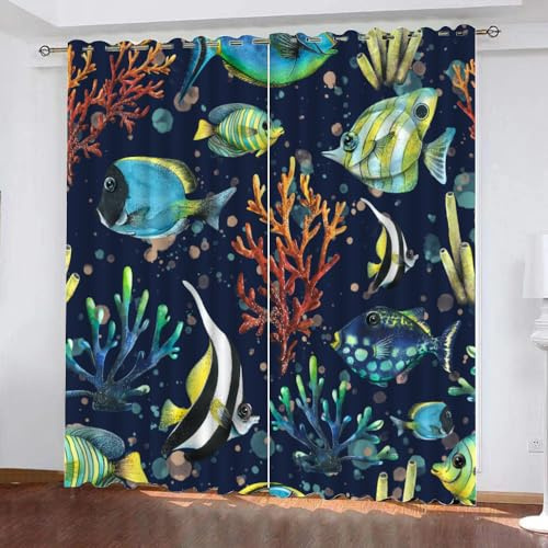 GIOVIA 3D Ozean Gardinen Abdunkelnde Korallen Fische Kindervorhänge Vorhang mit ösen 2er Set Vorhänge Blickdicht Verdunkelungs für Kinderzimmer Schlafzimmer Wohnzimmer B 140 X H 160 cm