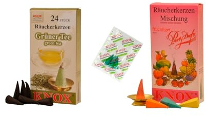 KNOX Lot de 2 cônes d'encens au thé aux fruits - Parfums : thé vert, fruité - Quantité : 48 avec 3 cônes d'encens comme échantillons du parfum brise marine - Fabriqué en Allemagne