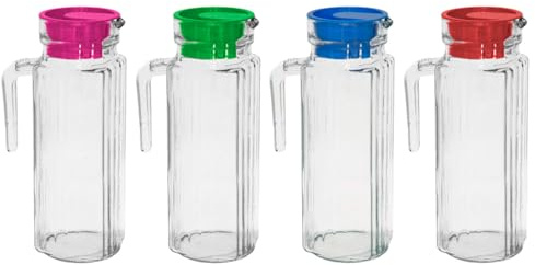 Tradineur - Pack de 4 Jarras de cristal modelo frigo - Capacidad de 1100 ml - Recipiente para almacenar y servir toda clase de bebidas - 23,2 x 8,5 x 12,5 cm - Tapa Color Aleatorio