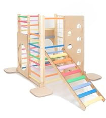 HomeForDreams Holz Montessori-Inspirierter Quadratischer Kletterturm für Kleinkinde: Faltbarer Indoor-Spielplatz mit Zubehörbrettern (Regenbogen, Mit Trittbrett)