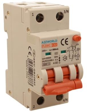 A2ZWORLD Interruttore Magnetotermico Differenziale Tipo A 300mA, RCBO Classe A 2P C32 32A, Curva C 1P+N 6000A, Occupa 2 Moduli DIN, AC 230V IP20 IEC61009-1