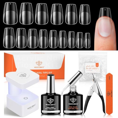 MODELONES Nageltips och lim-gelkit, 510 st full coverage nageltips, nagellim och primer för gelnagels & mini UV-ljusklipp, 15 storlekar för nagelförlängning, gör-det-själv-salong gåvor