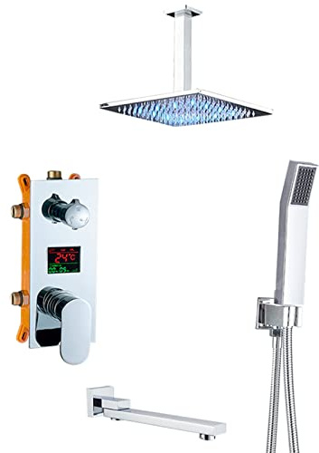 System Temperature Display Concealed Faucet Set Chrome Rainfall Head System with Hand and LED Rainfall Head Advanced Air Injection Technology,8 I