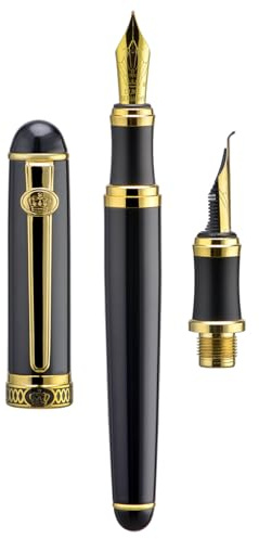 Lanxivi Duke D2 Fountain Pen Black Gold Trim Fine Nib with Additional Fude Nib (Bent Nib) and Converter Calligraphy Art Pen Set